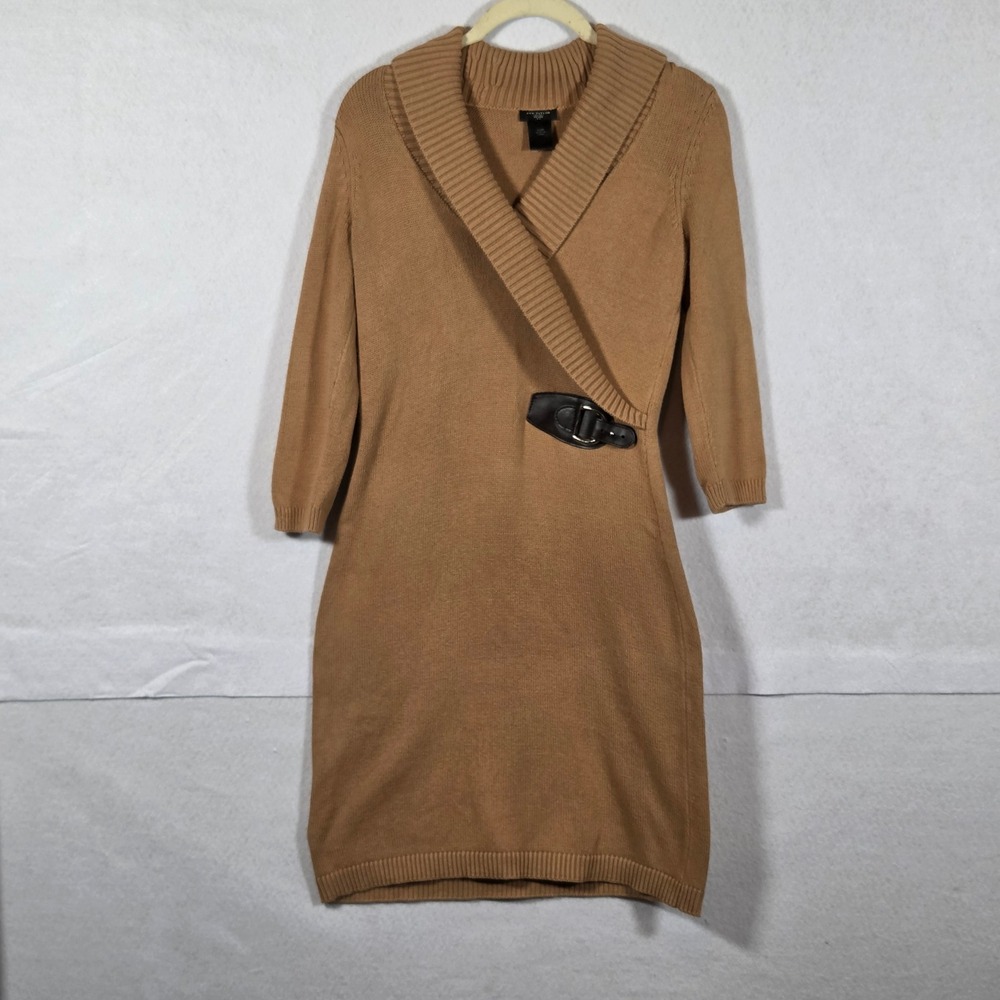 Ann Taylor Petite XXSP Camel Tan Shawl Collar Buckle Sweater Dress 312569